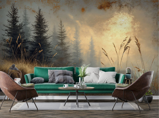 Golden Autumn Forest Path Geometric Wallpaper – detail view, Golden Era Walls