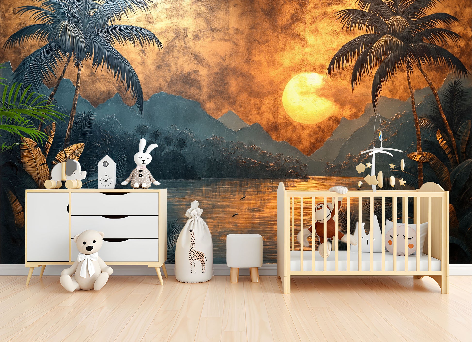 Hand Painted Tropical Sunset Geometric Wallpaper – room setting, Golden Era Walls
