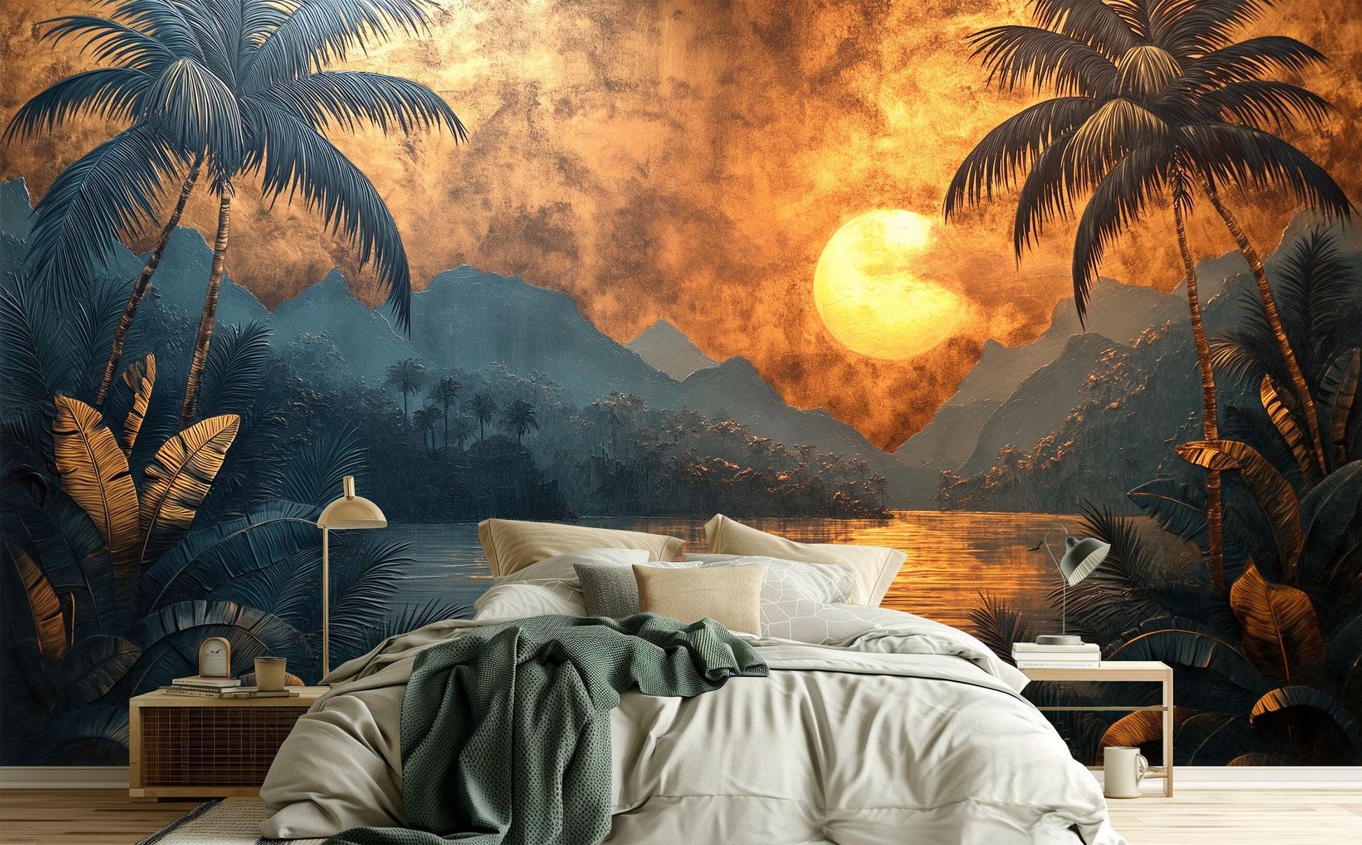 Hand Painted Tropical Sunset Geometric Wallpaper – detail view, Golden Era Walls