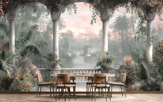 Painting balcony overlooking lake Floral Wallpaper – lifestyle view, Golden Era Walls