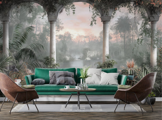 Painting balcony overlooking lake Floral Wallpaper – detail view, Golden Era Walls
