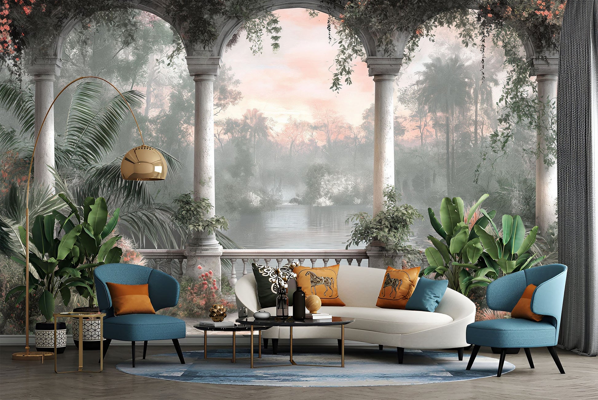 Painting balcony overlooking lake Floral Wallpaper – peel and stick wallpaper mural, Golden Era Walls