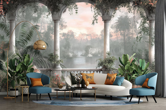 Painting balcony overlooking lake Floral Wallpaper – peel and stick wallpaper mural, Golden Era Walls