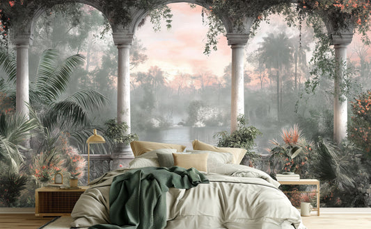 Painting balcony overlooking lake Floral Wallpaper – room setting, Golden Era Walls