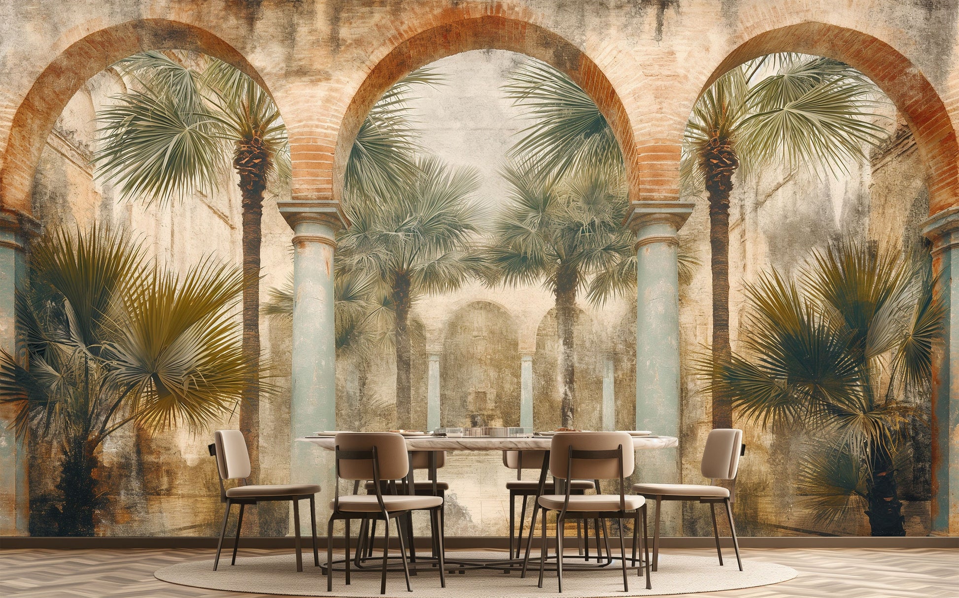 Ancient Structure Palm Trees Tropical Wallpaper – peel and stick wallpaper mural, Golden Era Walls