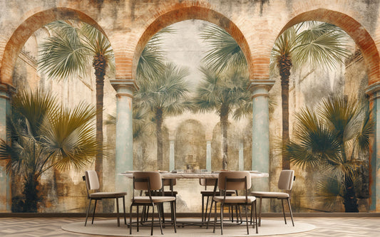 Ancient Structure Palm Trees Tropical Wallpaper – peel and stick wallpaper mural, Golden Era Walls