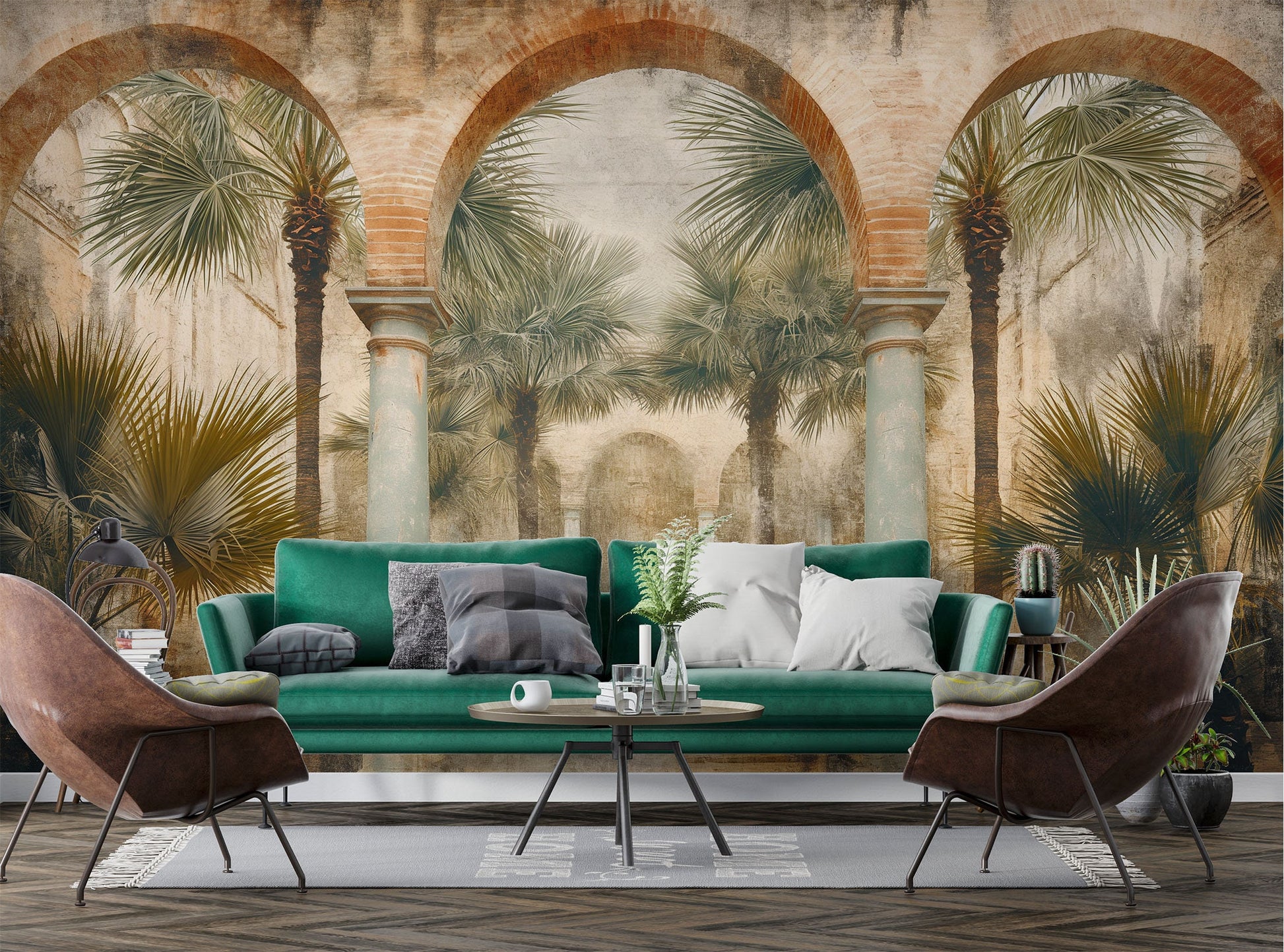 Ancient Structure Palm Trees Tropical Wallpaper – room setting, Golden Era Walls