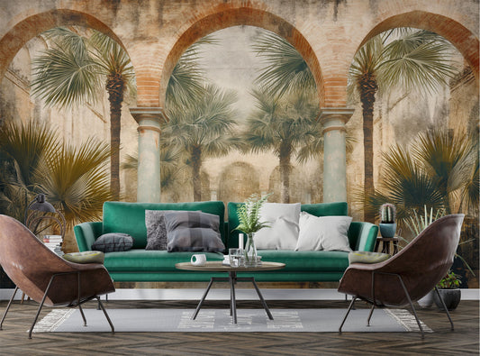 Ancient Structure Palm Trees Tropical Wallpaper – room setting, Golden Era Walls