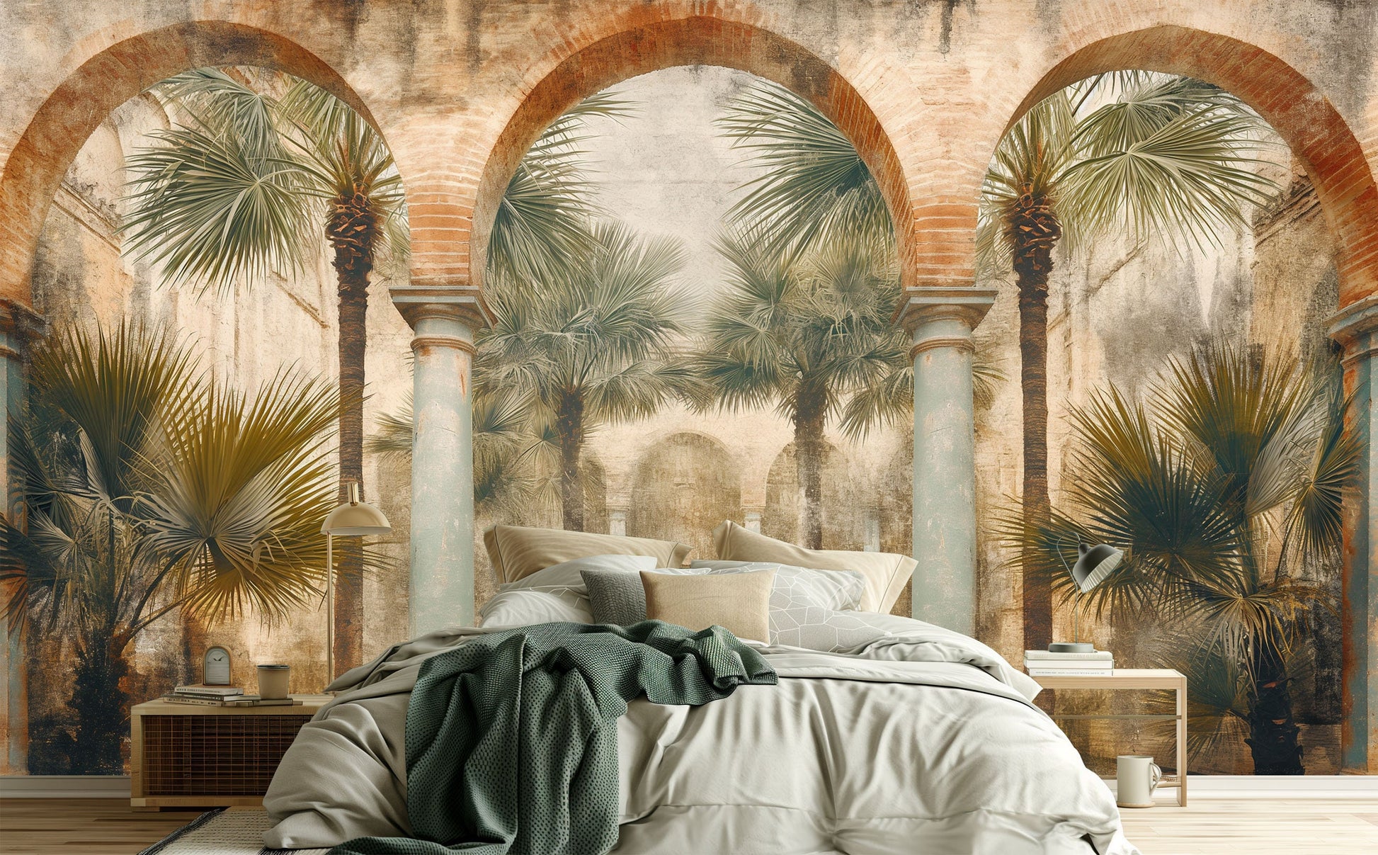 Ancient Structure Palm Trees Tropical Wallpaper – detail view, Golden Era Walls