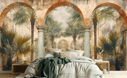 Ancient Structure Palm Trees Tropical Wallpaper – detail view, Golden Era Walls