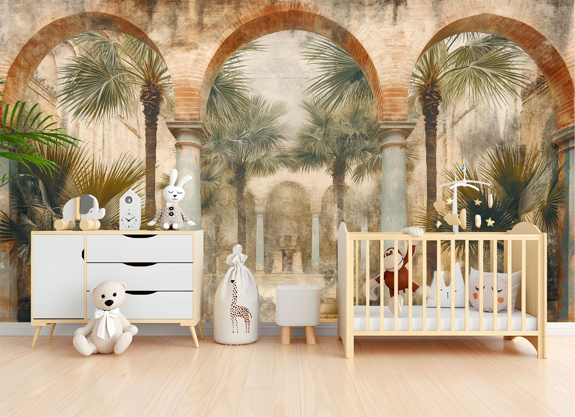 Ancient Structure Palm Trees Tropical Wallpaper – scale reference, Golden Era Walls