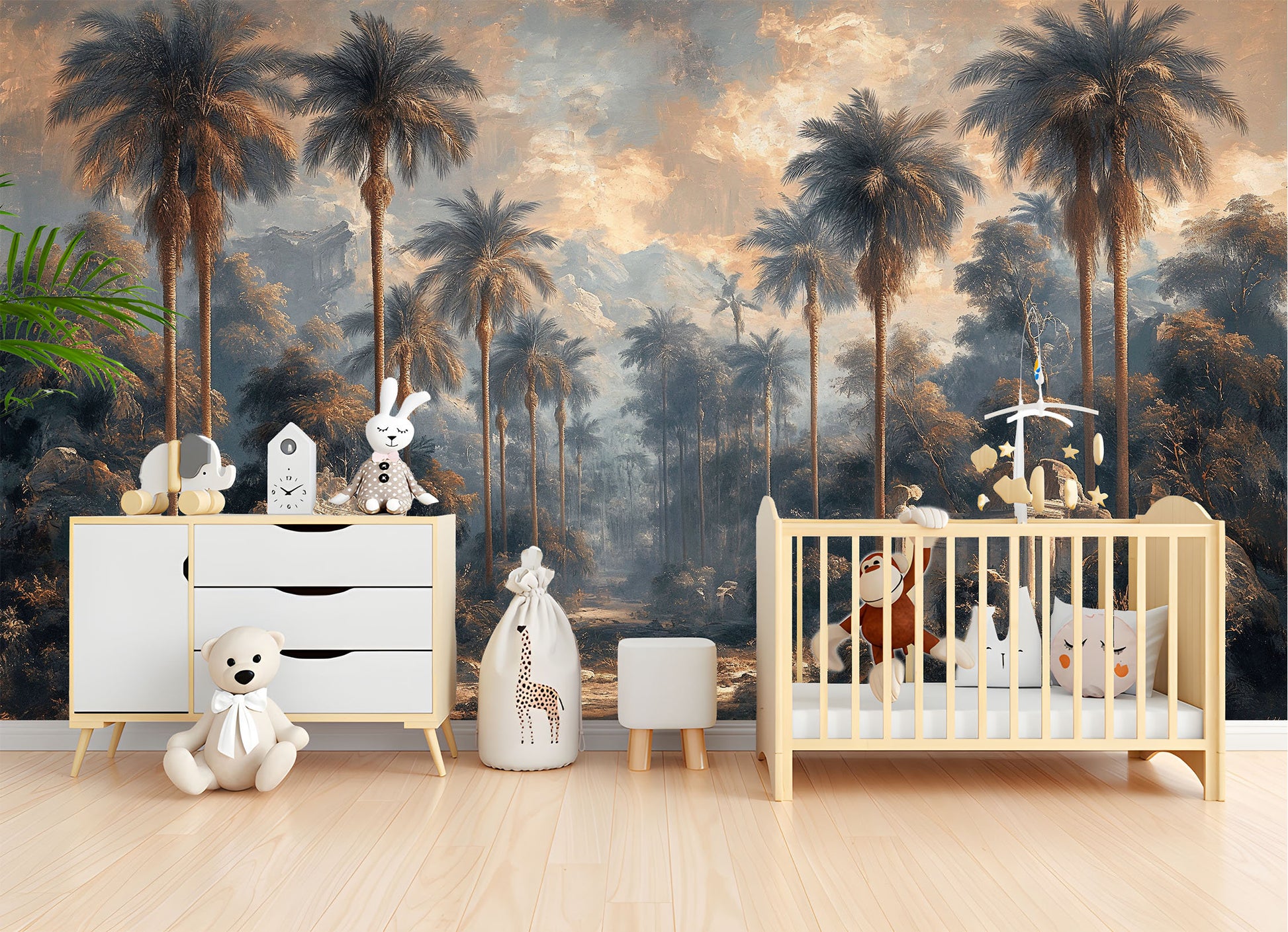 Old Texture Palm Tree Stripe Wallpaper – scale reference, Golden Era Walls
