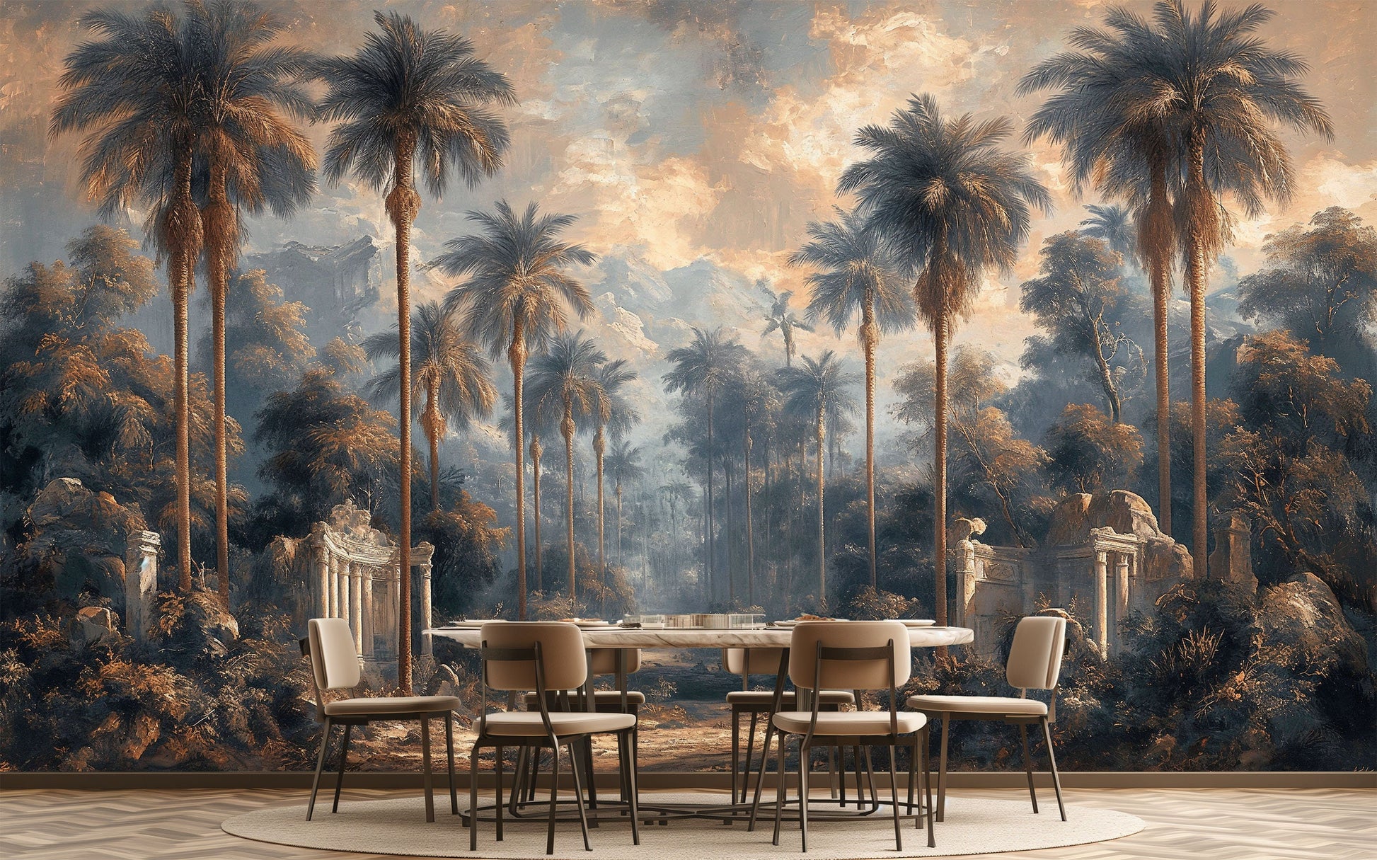 Old Texture Palm Tree Stripe Wallpaper – room setting, Golden Era Walls