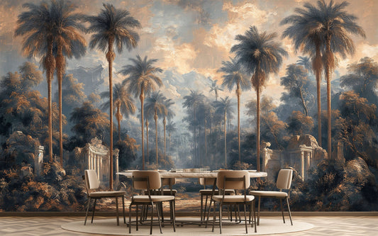 Old Texture Palm Tree Stripe Wallpaper – room setting, Golden Era Walls