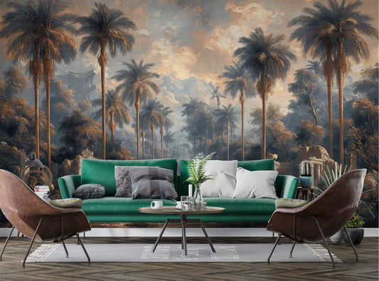 Old Texture Palm Tree Stripe Wallpaper – peel and stick wallpaper mural, Golden Era Walls