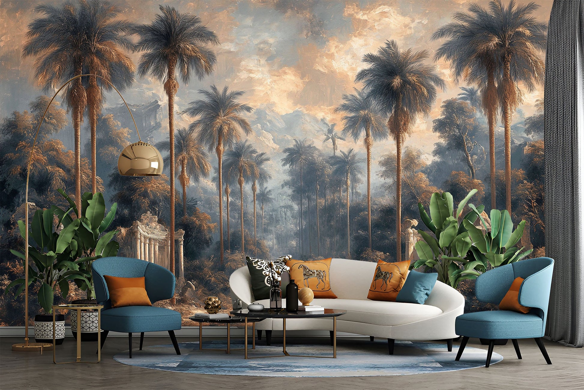 Old Texture Palm Tree Stripe Wallpaper – lifestyle view, Golden Era Walls