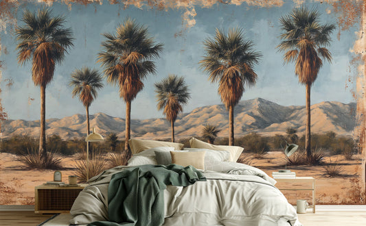 Desert Oasis Palm Trees Tropical Wallpaper – room setting, Golden Era Walls