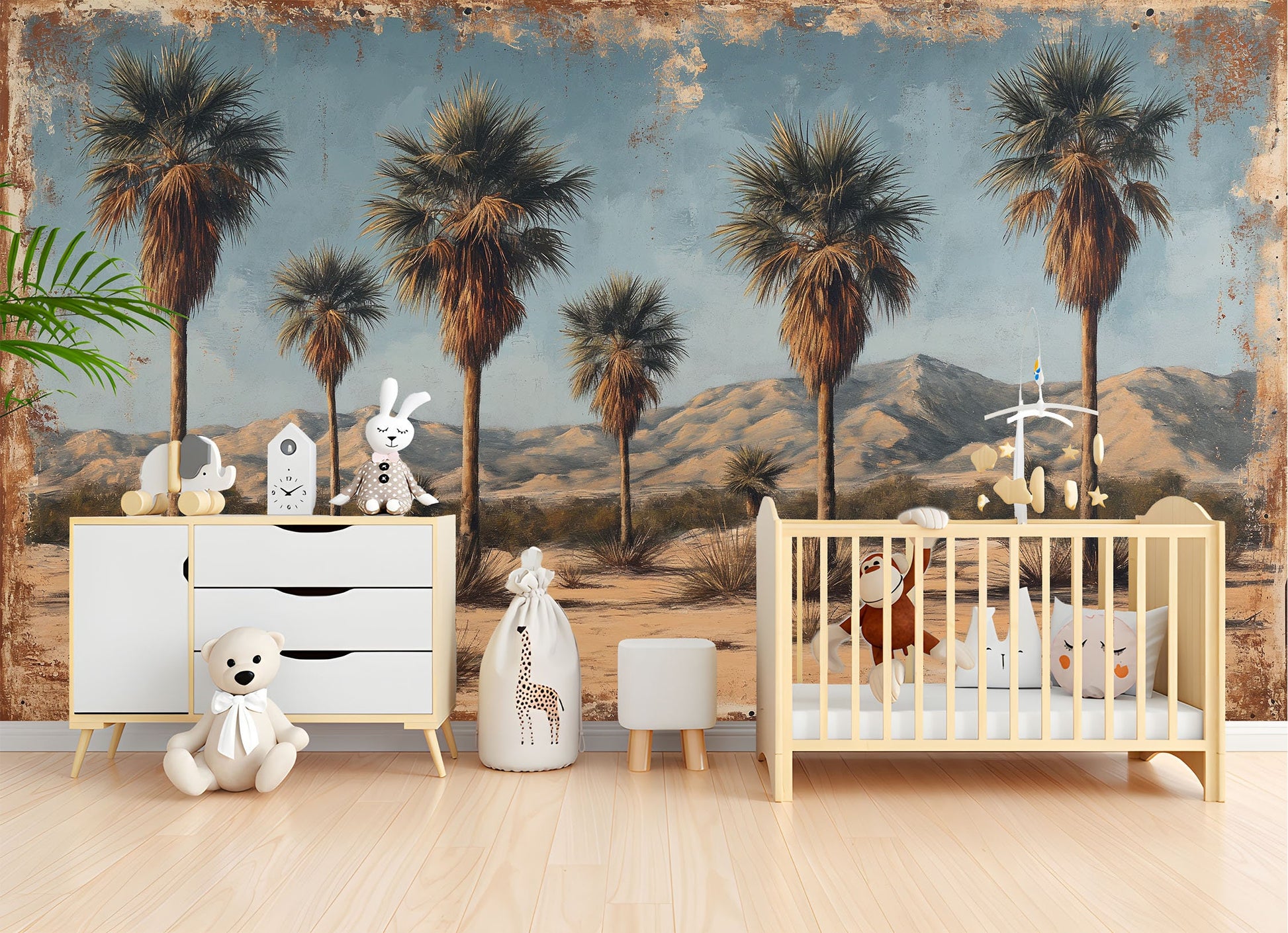 Desert Oasis Palm Trees Tropical Wallpaper – scale reference, Golden Era Walls