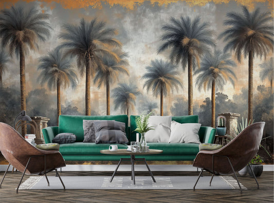 Desert Oasis Palm Trees Tropical Wallpaper – lifestyle view, Golden Era Walls