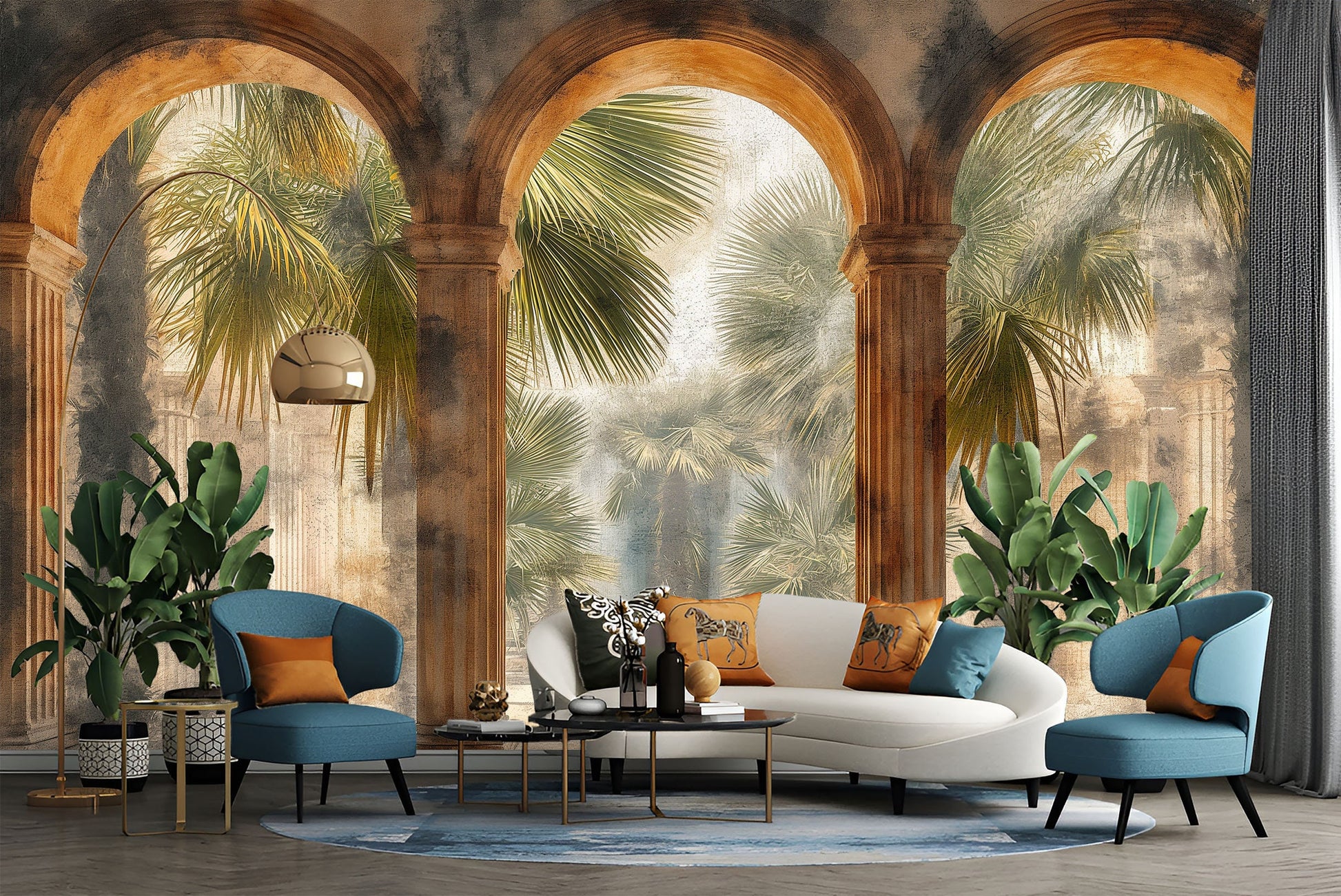 Self Adhesive Old Style Tropical Wallpaper – lifestyle view, Golden Era Walls