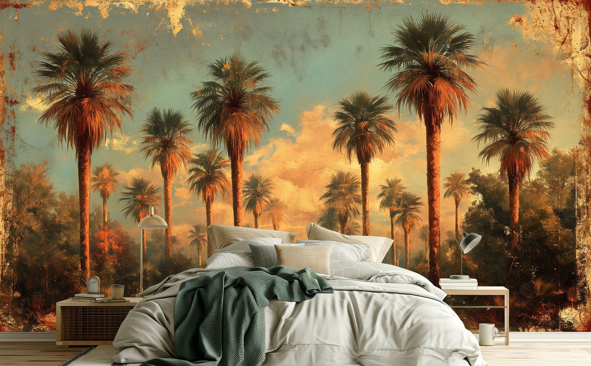 Self Adhesive Desert Oasis Tropical Wallpaper – room setting, Golden Era Walls