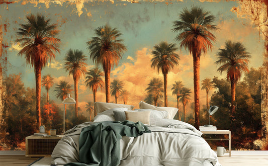 Self Adhesive Desert Oasis Tropical Wallpaper – room setting, Golden Era Walls