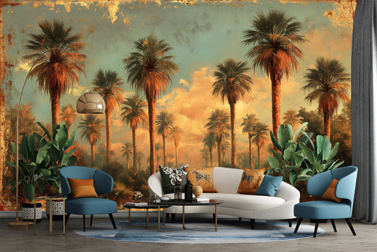 Self Adhesive Desert Oasis Tropical Wallpaper – lifestyle view, Golden Era Walls