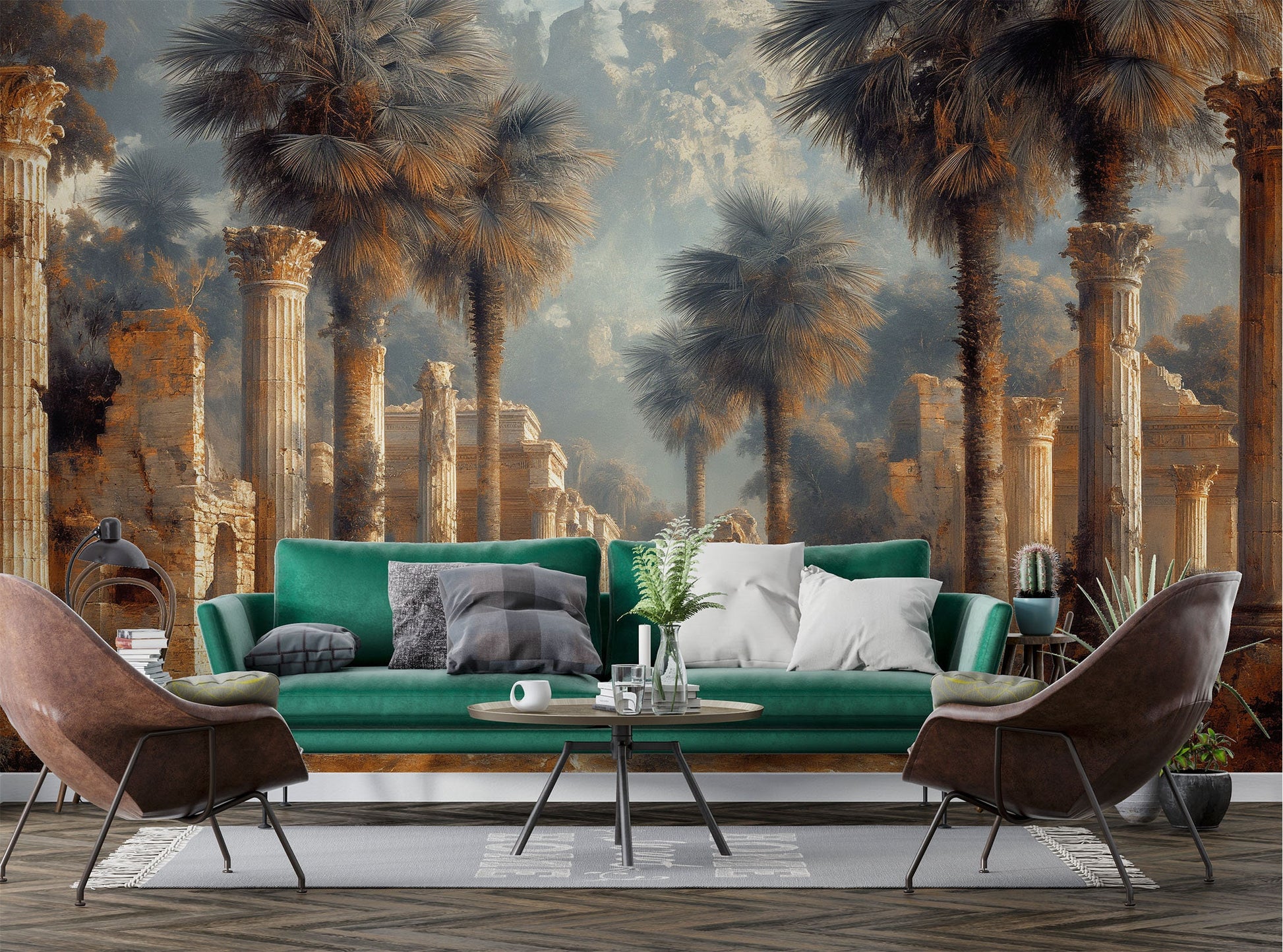 Ruins Palms Old Texture Stripe Wallpaper – lifestyle view, Golden Era Walls