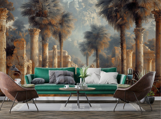 Ruins Palms Old Texture Stripe Wallpaper – lifestyle view, Golden Era Walls