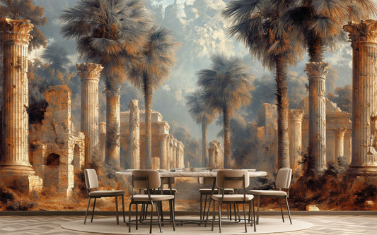 Ruins Palms Old Texture Stripe Wallpaper – peel and stick wallpaper mural, Golden Era Walls
