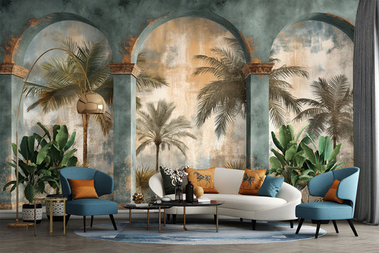 Tropical Arches Palm Trees Tropical Wallpaper – lifestyle view, Golden Era Walls