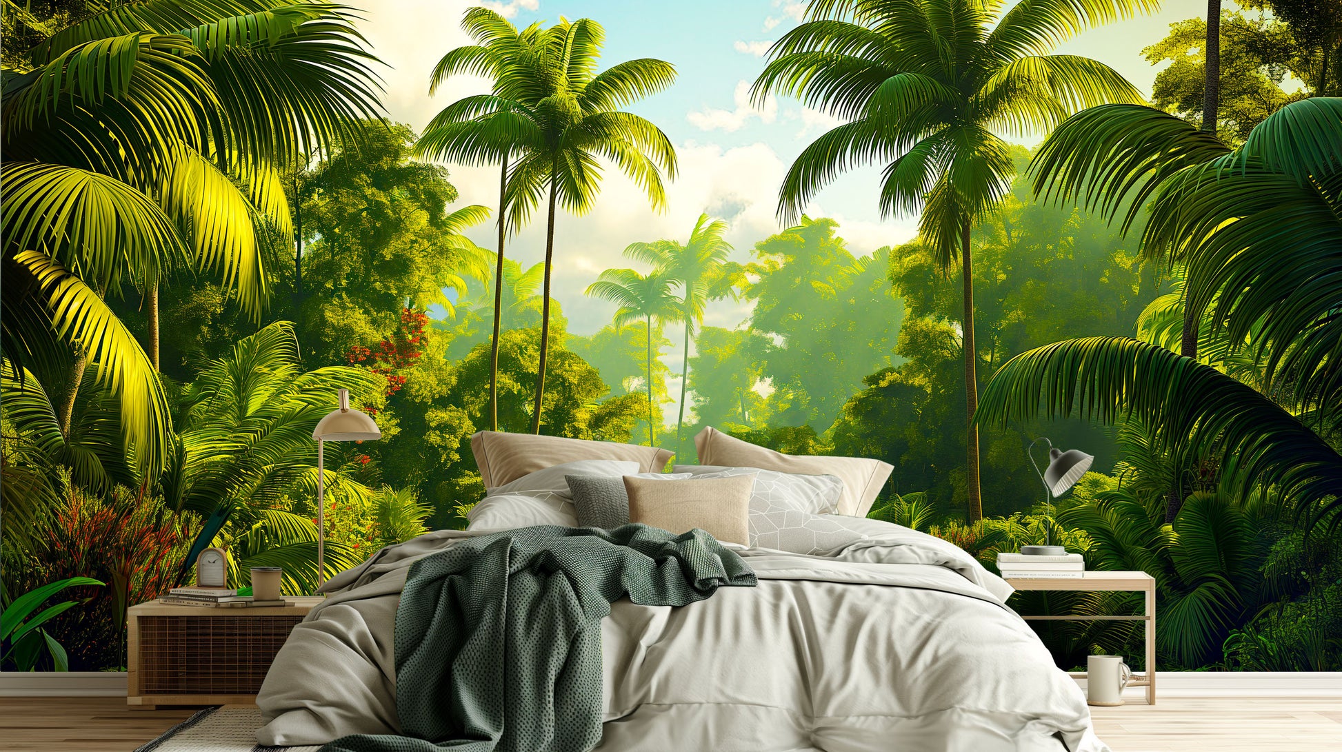 Jungle Plants Palm Tree Tropical Wallpaper – room setting, Golden Era Walls