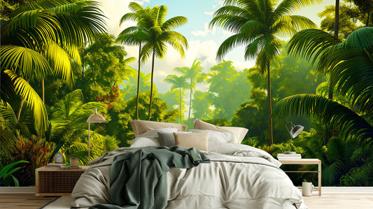 Jungle Plants Palm Tree Tropical Wallpaper – room setting, Golden Era Walls