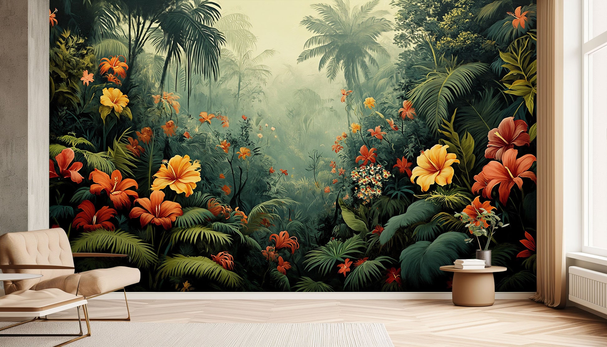 Rainforest Quick Makeover Lush Floral Wallpaper – lifestyle view, Golden Era Walls