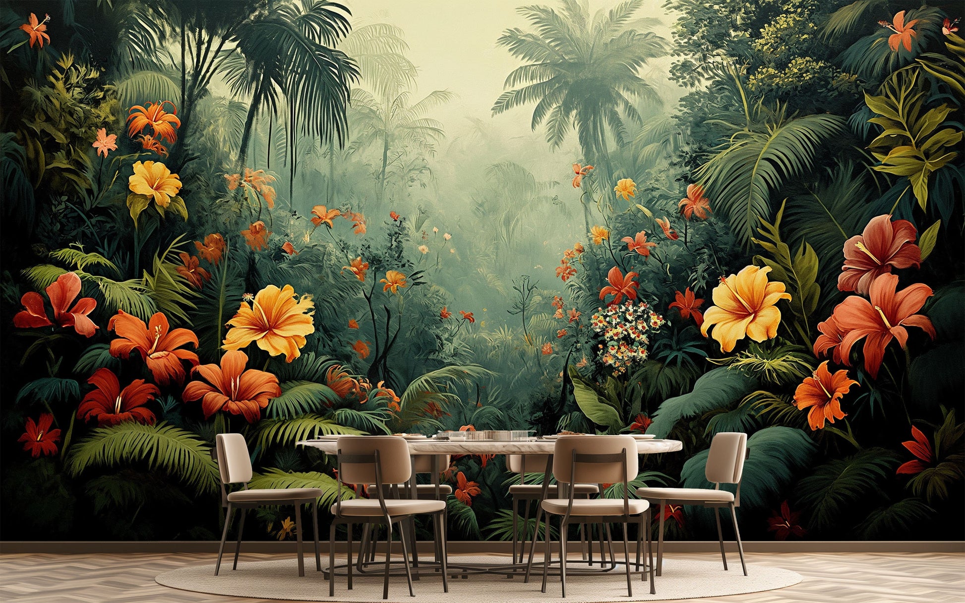 Rainforest Quick Makeover Lush Floral Wallpaper – room setting, Golden Era Walls