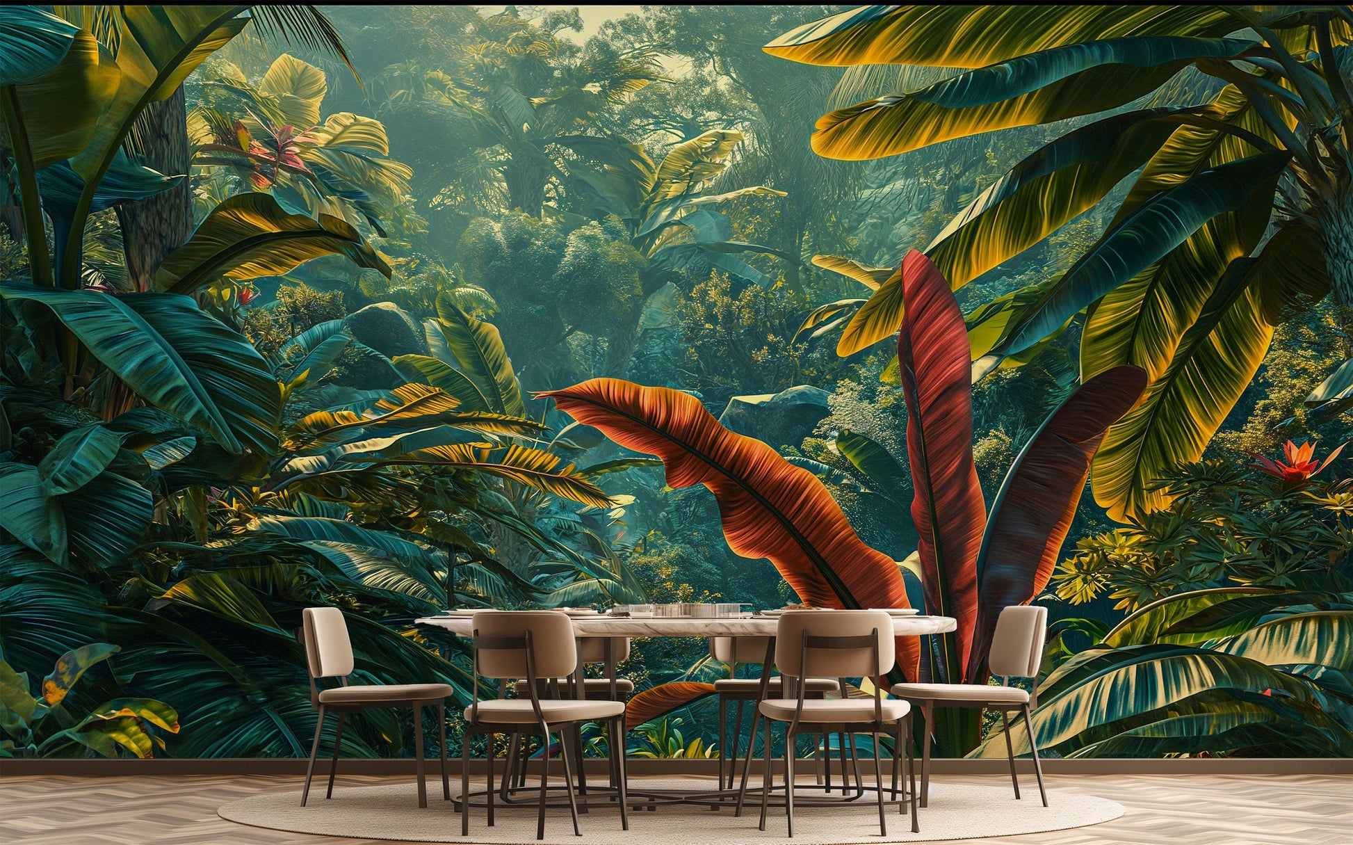 Self Adhesive Rainforest Decor Tropical Wallpaper – room setting, Golden Era Walls