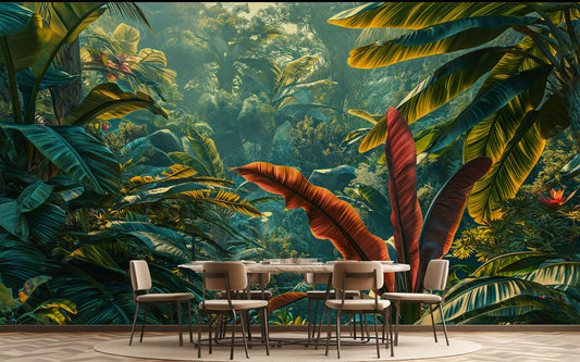 Self Adhesive Rainforest Decor Tropical Wallpaper – room setting, Golden Era Walls