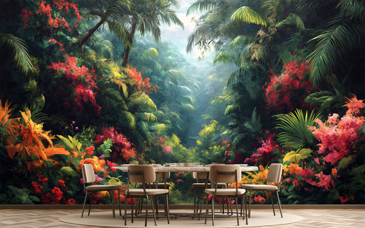 Watercolor Palm Tree Design Tropical Wallpaper – room setting, Golden Era Walls