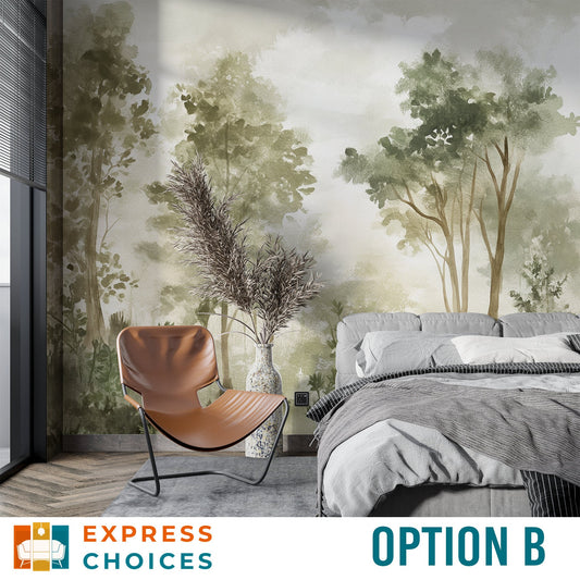 Forest Watercolor Forest Landscape Tropical Wallpaper – room setting, Golden Era Walls