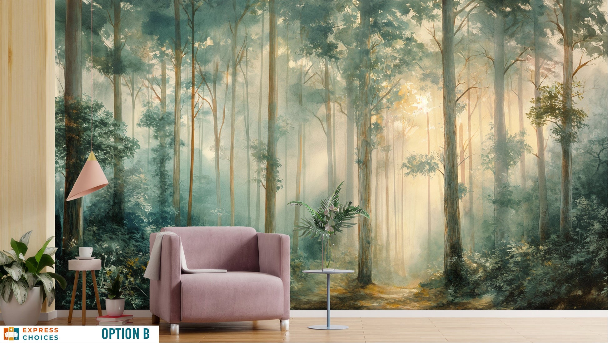 Mountain Trees Self Adhesive Wallpaper – lifestyle view, Golden Era Walls