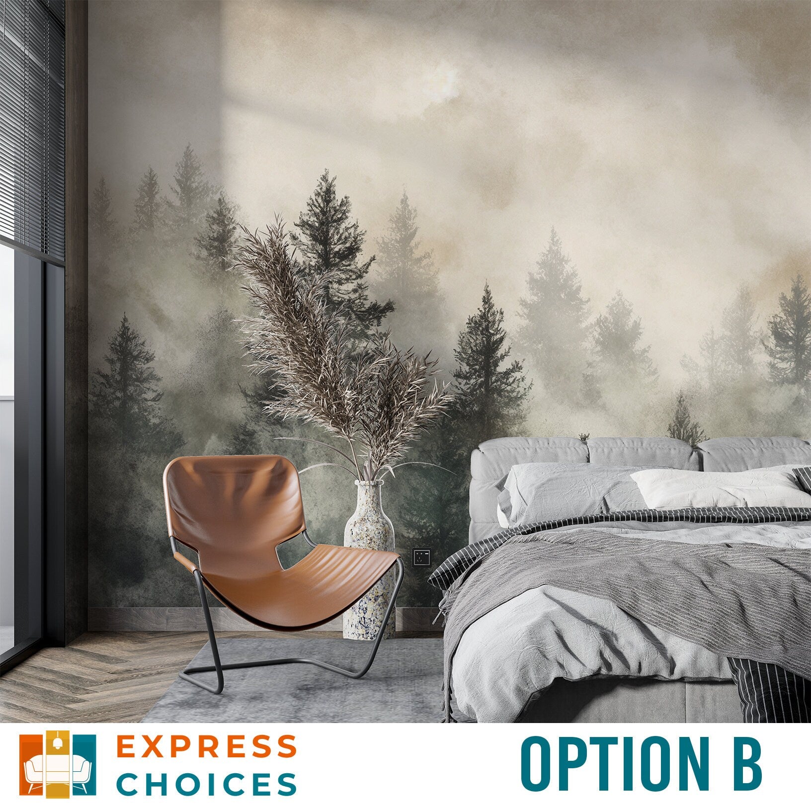 Misty Forest Landscape Watercolor Tropical Wallpaper – scale reference, Golden Era Walls