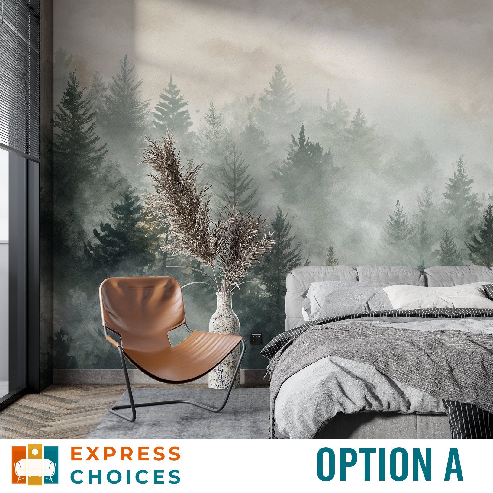 Misty Forest Landscape Watercolor Tropical Wallpaper – detail view, Golden Era Walls