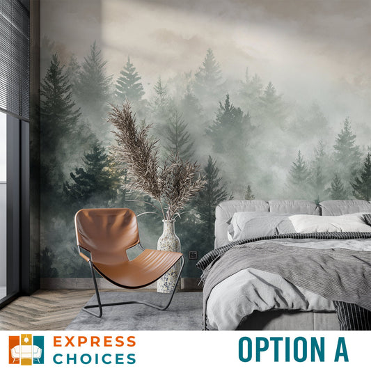 Misty Forest Landscape Watercolor Tropical Wallpaper – detail view, Golden Era Walls