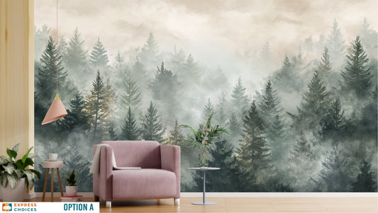 Misty Forest Landscape Watercolor Tropical Wallpaper – peel and stick wallpaper mural, Golden Era Walls