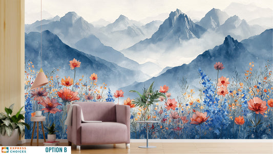 Mountain Trees Self Adhesive Wallpaper – room setting, Golden Era Walls