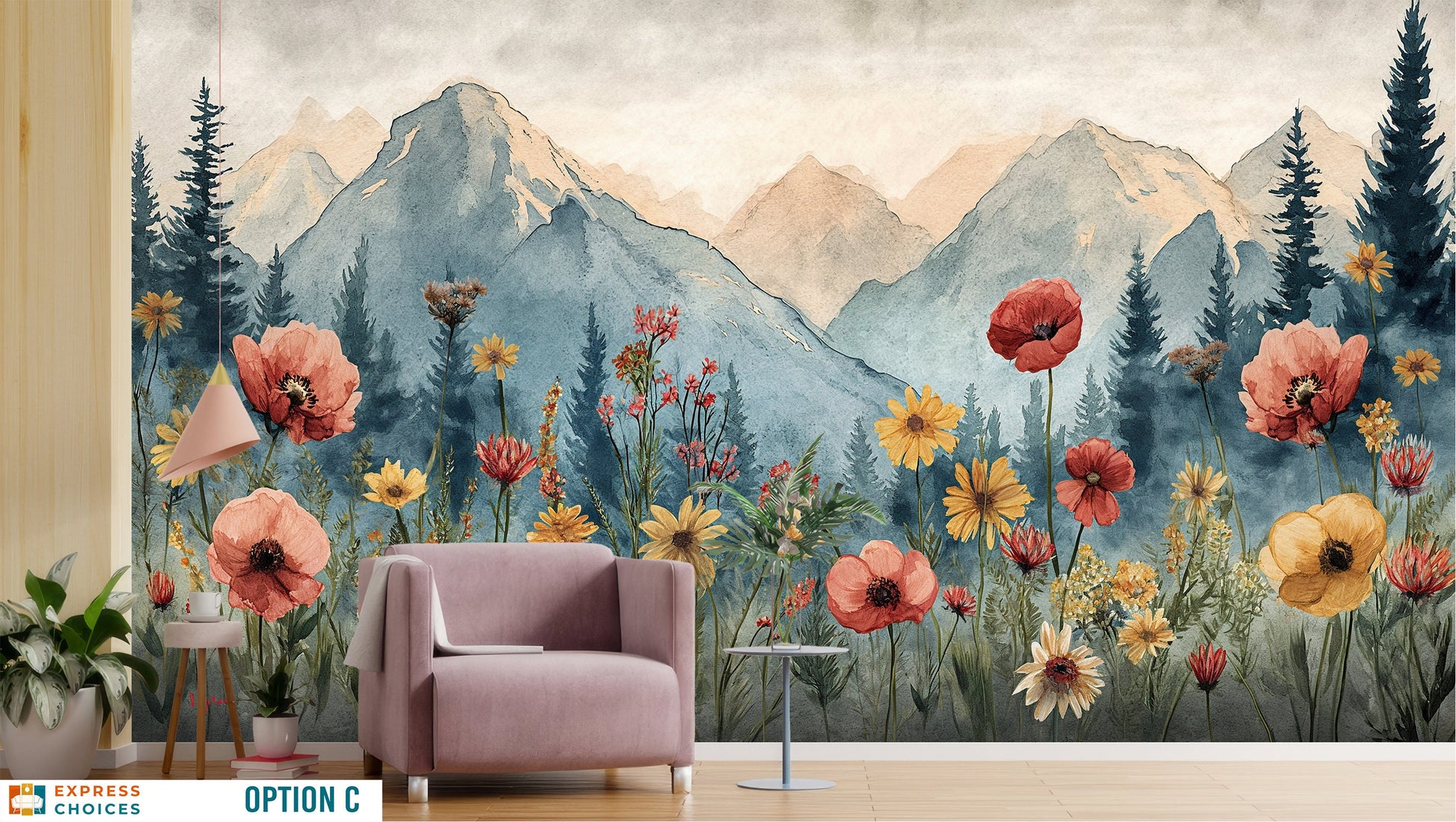 Mountain Trees Self Adhesive Wallpaper – lifestyle view, Golden Era Walls