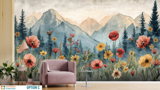 Mountain Trees Self Adhesive Wallpaper – lifestyle view, Golden Era Walls