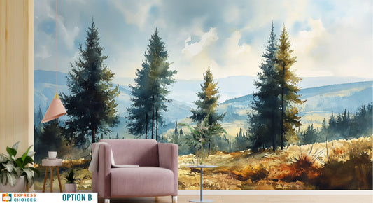 Watercolor Birch Tree Forest Wallpaper – room setting, Golden Era Walls