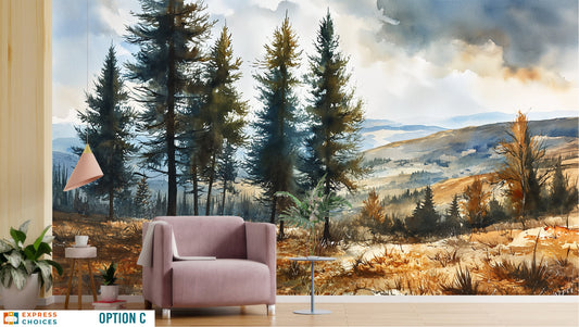 Watercolor Birch Tree Forest Wallpaper – lifestyle view, Golden Era Walls