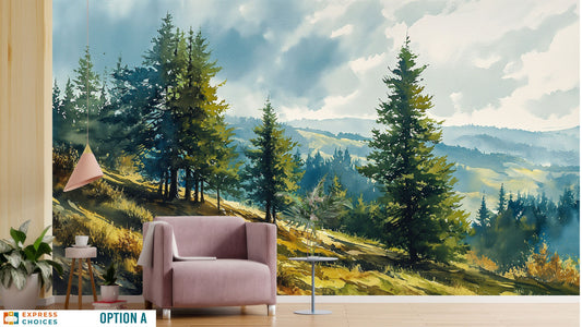 Watercolor Birch Tree Forest Wallpaper – peel and stick wallpaper mural, Golden Era Walls